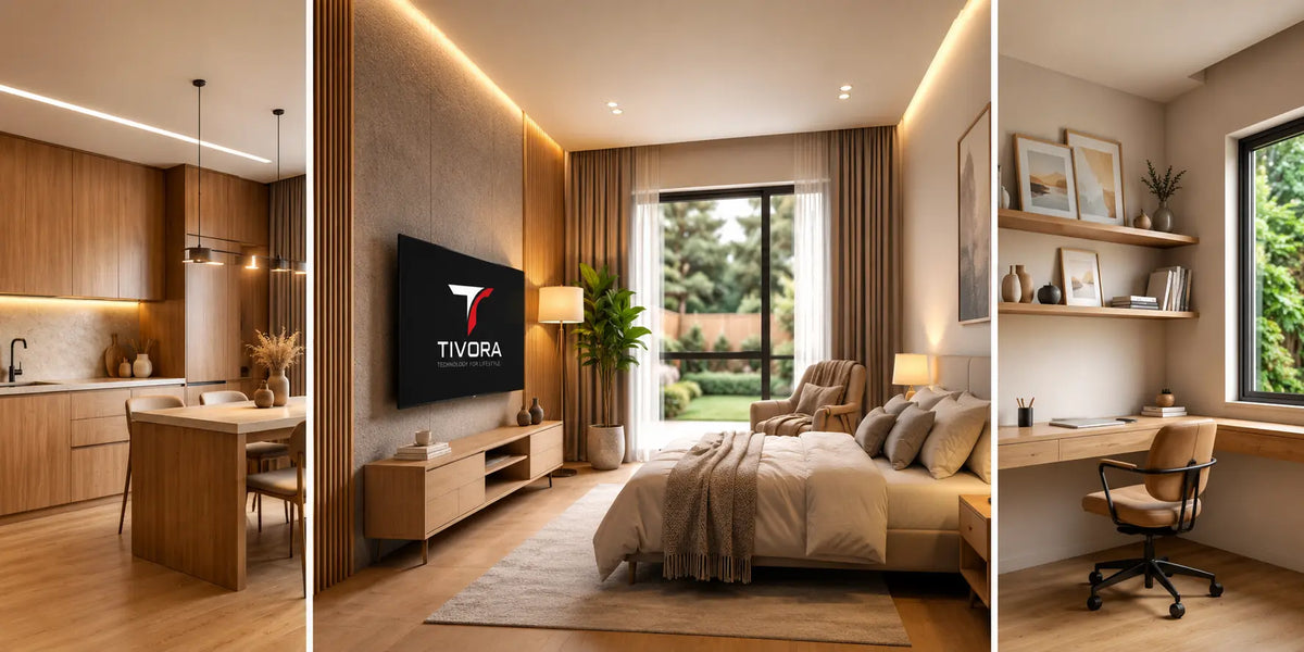 Tivora Smart TV featuring a grid of software and hardware feature icons, including Android TV, X4 processor, Google Play, Chromecast built-in, HDR, webOS, gaming, entertainment, Netflix, Slim design, and Dolby.
