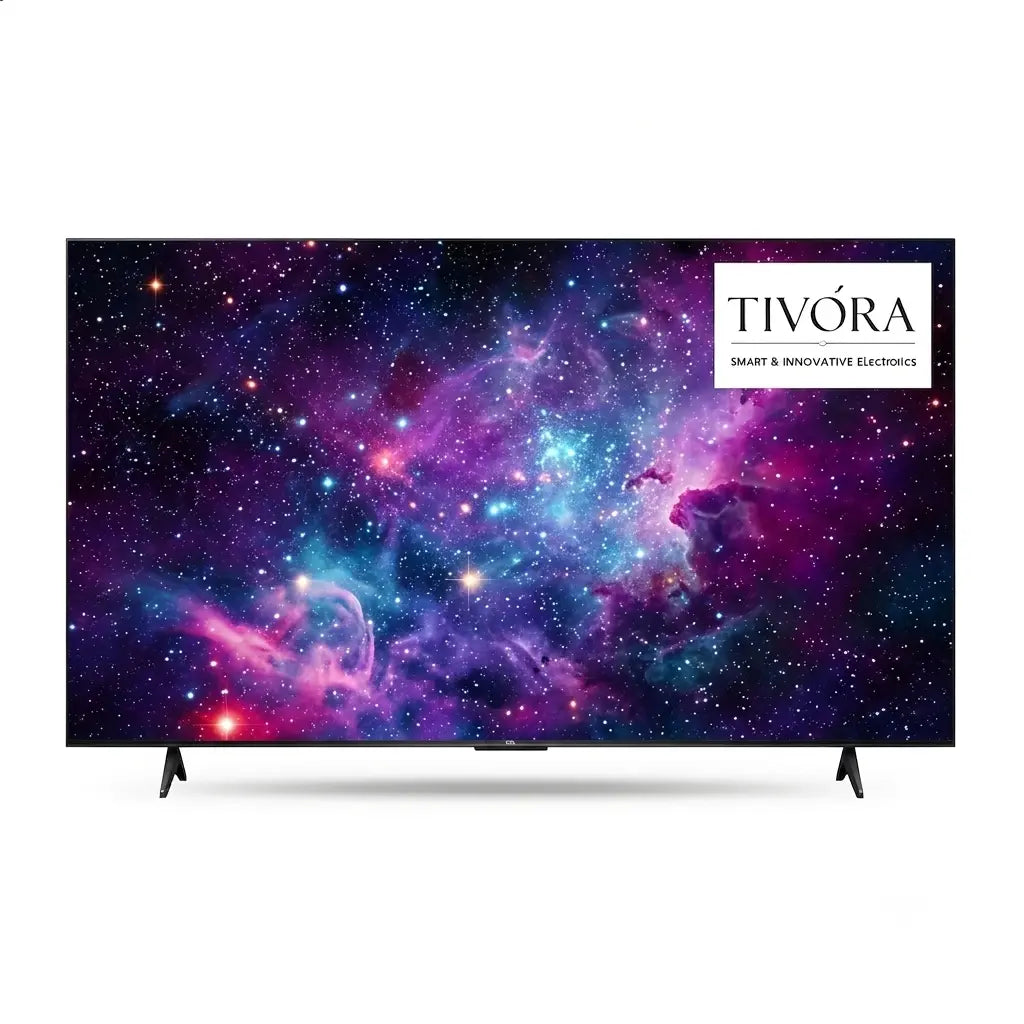 A modern flat-screen TV on a white background, displaying a colorful galaxy nebula image on its screen. A white brand label reading 'TIVORA' is visible in the top-right corner of the screen.